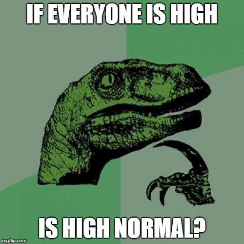 Philosoraptor | IF EVERYONE IS HIGH IS HIGH NORMAL? | image tagged in memes,philosoraptor | made w/ Imgflip meme maker