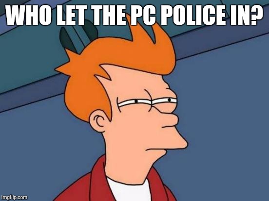 Futurama Fry Meme | WHO LET THE PC POLICE IN? | image tagged in memes,futurama fry | made w/ Imgflip meme maker