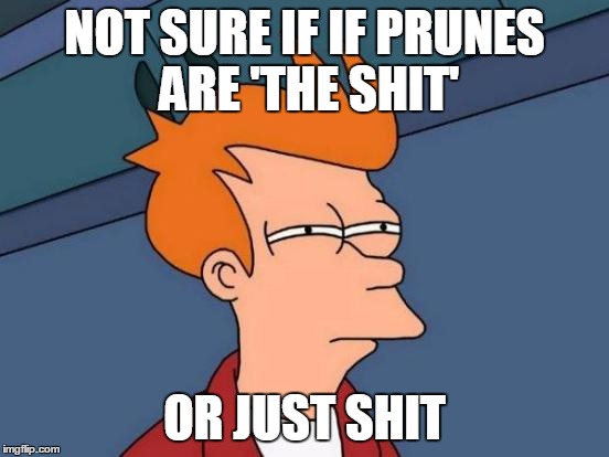 Futurama Fry Meme | NOT SURE IF IF PRUNES ARE 'THE SHIT' OR JUST SHIT | image tagged in memes,futurama fry | made w/ Imgflip meme maker