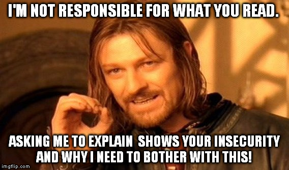 One Does Not Simply | I'M NOT RESPONSIBLE FOR WHAT YOU READ. ASKING ME TO EXPLAIN  SHOWS YOUR INSECURITY AND WHY I NEED TO BOTHER WITH THIS! | image tagged in memes,one does not simply | made w/ Imgflip meme maker
