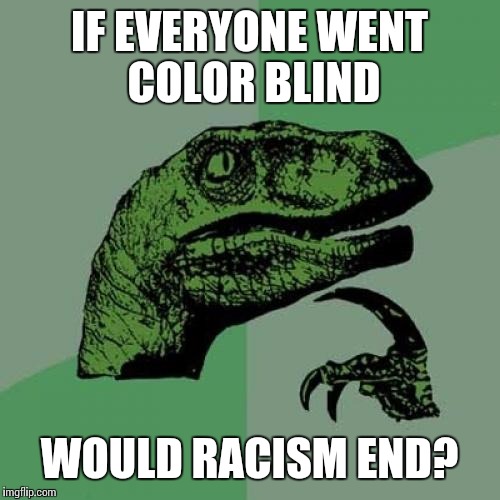 Philosoraptor | IF EVERYONE WENT COLOR BLIND WOULD RACISM END? | image tagged in memes,philosoraptor | made w/ Imgflip meme maker