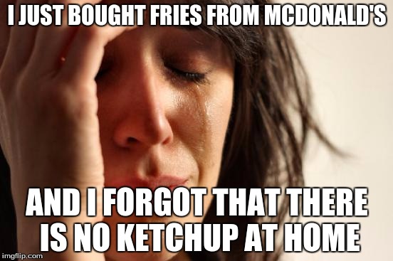 First World Problems | I JUST BOUGHT FRIES FROM MCDONALD'S AND I FORGOT THAT THERE IS NO KETCHUP AT HOME | image tagged in memes,first world problems | made w/ Imgflip meme maker