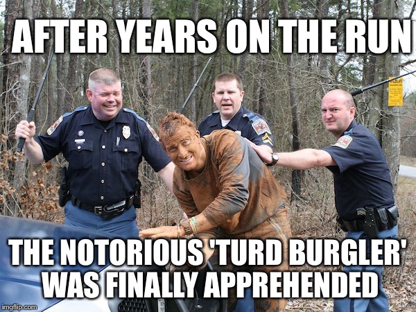 Turd burgler strikes again | AFTER YEARS ON THE RUN THE NOTORIOUS 'TURD BURGLER' WAS FINALLY APPREHENDED | image tagged in turd,funny,gross,cops,caught,hilarious | made w/ Imgflip meme maker