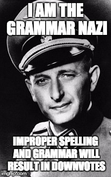 Grammar Nazi | I AM THE GRAMMAR NAZI IMPROPER SPELLING AND GRAMMAR WILL RESULT IN DOWNVOTES | image tagged in grammar nazi | made w/ Imgflip meme maker