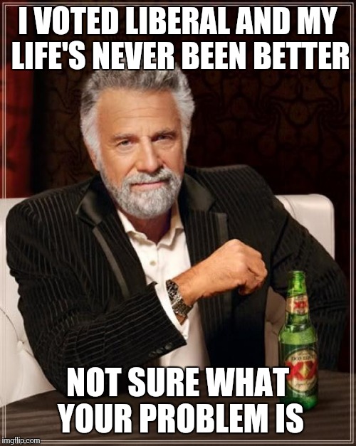 The Most Interesting Man In The World Meme | I VOTED LIBERAL AND MY LIFE'S NEVER BEEN BETTER NOT SURE WHAT YOUR PROBLEM IS | image tagged in memes,the most interesting man in the world | made w/ Imgflip meme maker
