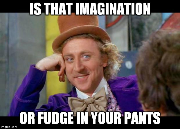 Charlie and the Chocolate Factory  | IS THAT IMAGINATION OR FUDGE IN YOUR PANTS | image tagged in condescending wonka eye contact,memes | made w/ Imgflip meme maker