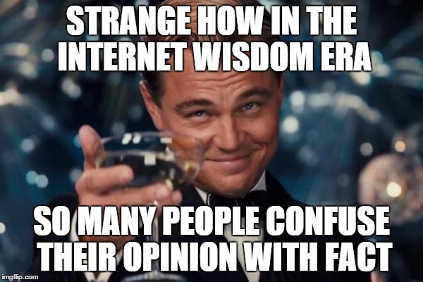 Leonardo Dicaprio Cheers Meme | STRANGE HOW IN THE INTERNET WISDOM ERA SO MANY PEOPLE CONFUSE THEIR OPINION WITH FACT | image tagged in memes,leonardo dicaprio cheers | made w/ Imgflip meme maker