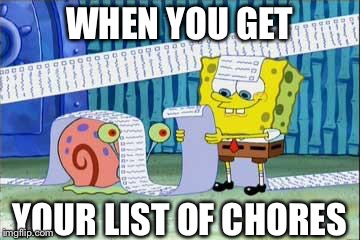 Spongebob's List | WHEN YOU GET YOUR LIST OF CHORES | image tagged in spongebob's list | made w/ Imgflip meme maker