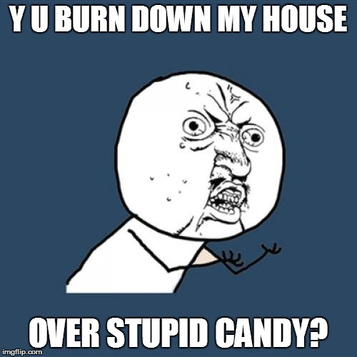 Y U No Meme | Y U BURN DOWN MY HOUSE OVER STUPID CANDY? | image tagged in memes,y u no | made w/ Imgflip meme maker