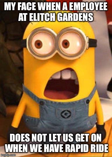 Minion Overwhelmed | MY FACE WHEN A EMPLOYEE AT ELITCH GARDENS DOES NOT LET US GET ON WHEN WE HAVE RAPID RIDE | image tagged in minion overwhelmed | made w/ Imgflip meme maker