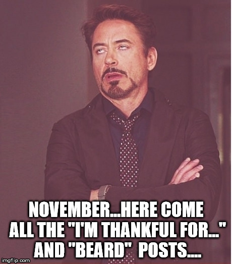 NOVEMBER...HERE COME ALL THE "I'M THANKFUL FOR..." AND "BEARD"  POSTS.... | image tagged in tony stark,thanksgiving,no shave november,november,eyeroll | made w/ Imgflip meme maker