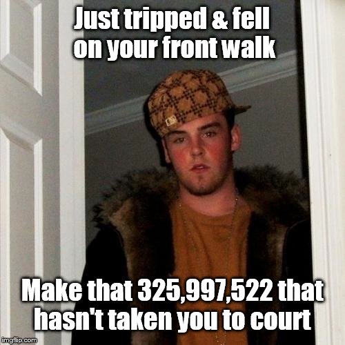 Scumbag Steve Meme | Just tripped & fell on your front walk Make that 325,997,522 that hasn't taken you to court | image tagged in memes,scumbag steve | made w/ Imgflip meme maker