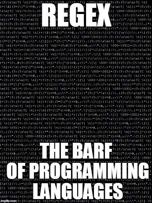 Regex | REGEX THE BARF OF PROGRAMMING LANGUAGES | image tagged in regex,programming,regular expressions | made w/ Imgflip meme maker