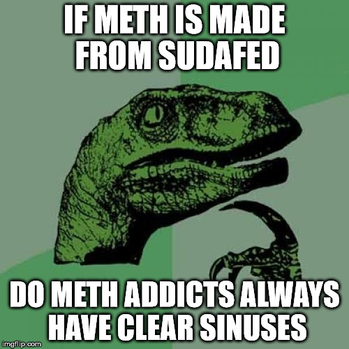 Philosoraptor Meme | IF METH IS MADE FROM SUDAFED DO METH ADDICTS ALWAYS HAVE CLEAR SINUSES | image tagged in memes,philosoraptor | made w/ Imgflip meme maker
