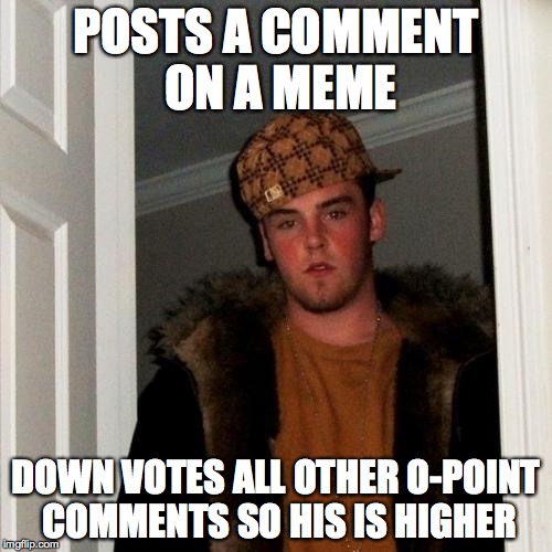 Scumbag Steve Meme | POSTS A COMMENT ON A MEME DOWN VOTES ALL OTHER O-POINT COMMENTS SO HIS IS HIGHER | image tagged in memes,scumbag steve | made w/ Imgflip meme maker