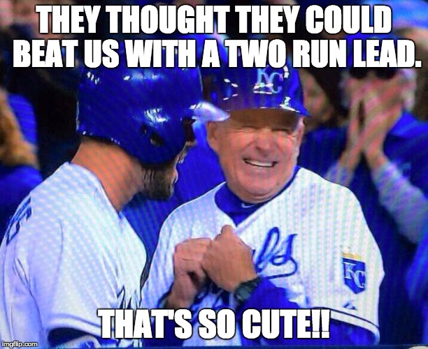 THEY THOUGHT THEY COULD BEAT US WITH A TWO RUN LEAD. THAT'S SO CUTE!! | image tagged in world series 2015 game 2 | made w/ Imgflip meme maker