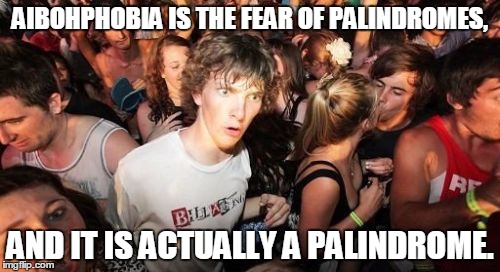 Sudden Clarity Clarence | AIBOHPHOBIA IS THE FEAR OF PALINDROMES, AND IT IS ACTUALLY A PALINDROME. | image tagged in memes,sudden clarity clarence | made w/ Imgflip meme maker