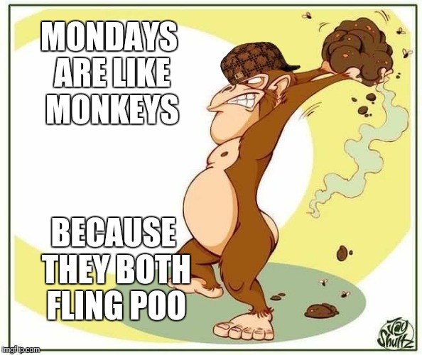 Monday poo | MONDAYS ARE LIKE MONKEYS BECAUSE THEY BOTH FLING POO | image tagged in monkey poo,scumbag,mondays | made w/ Imgflip meme maker