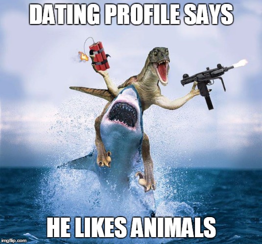 Raptor Riding Shark | DATING PROFILE SAYS HE LIKES ANIMALS | image tagged in raptor riding shark | made w/ Imgflip meme maker