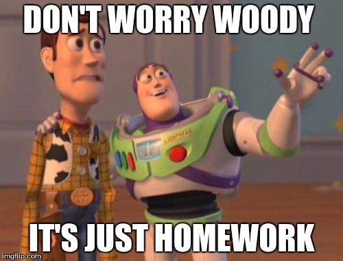 X, X Everywhere | DON'T WORRY WOODY IT'S JUST HOMEWORK | image tagged in memes,x x everywhere | made w/ Imgflip meme maker