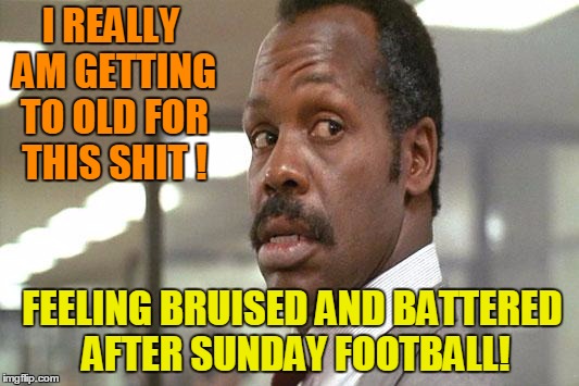 danny glover | I REALLY AM GETTING TO OLD FOR THIS SHIT ! FEELING BRUISED AND BATTERED AFTER SUNDAY FOOTBALL! | image tagged in danny glover | made w/ Imgflip meme maker