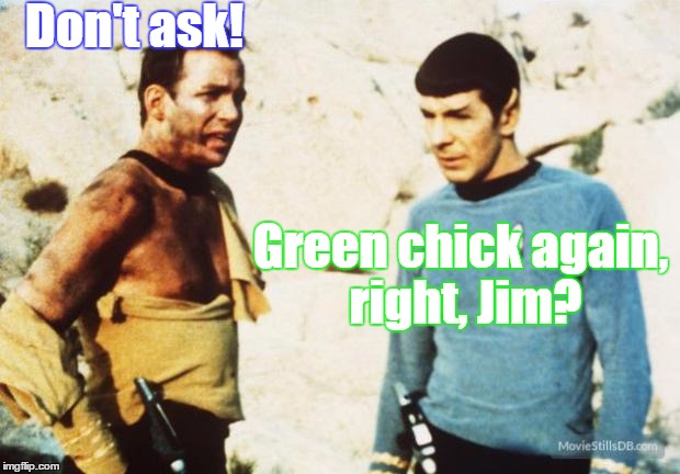 Beat up Captain Kirk | Don't ask! Green chick again, right, Jim? | image tagged in beat up captain kirk | made w/ Imgflip meme maker