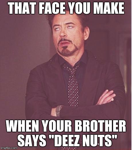 Face You Make Robert Downey Jr Meme | THAT FACE YOU MAKE WHEN YOUR BROTHER SAYS "DEEZ NUTS" | image tagged in memes,face you make robert downey jr | made w/ Imgflip meme maker