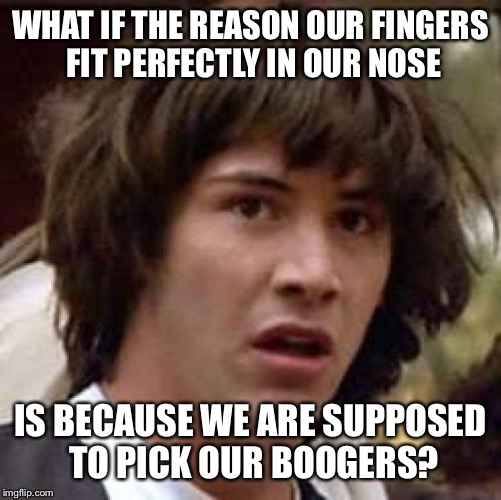 Conspiracy Keanu | WHAT IF THE REASON OUR FINGERS FIT PERFECTLY IN OUR NOSE IS BECAUSE WE ARE SUPPOSED TO PICK OUR BOOGERS? | image tagged in memes,conspiracy keanu | made w/ Imgflip meme maker