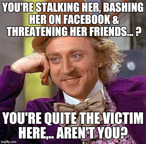 Creepy Condescending Wonka Meme | YOU'RE STALKING HER, BASHING HER ON FACEBOOK & THREATENING HER FRIENDS... ? YOU'RE QUITE THE VICTIM HERE,.. AREN'T YOU? | image tagged in memes,creepy condescending wonka | made w/ Imgflip meme maker