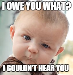 Skeptical Baby | I OWE YOU WHAT? I COULDN'T HEAR YOU | image tagged in memes,skeptical baby | made w/ Imgflip meme maker