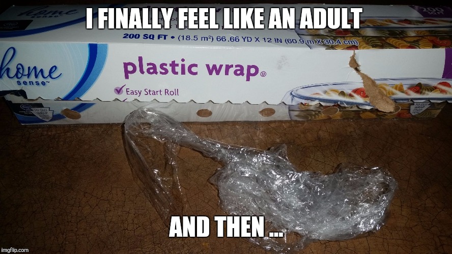 Sometimes I feel like an adult | I FINALLY FEEL LIKE AN ADULT AND THEN ... | image tagged in plastic wrap,funny,first world problems,problems,memes,funny memes | made w/ Imgflip meme maker