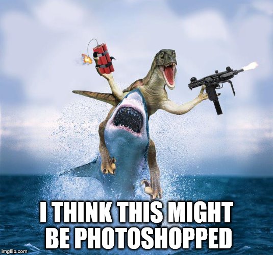 Inspired by my comment on a front-page meme. | I THINK THIS MIGHT BE PHOTOSHOPPED | image tagged in memes,raptor riding shark,photoshop | made w/ Imgflip meme maker