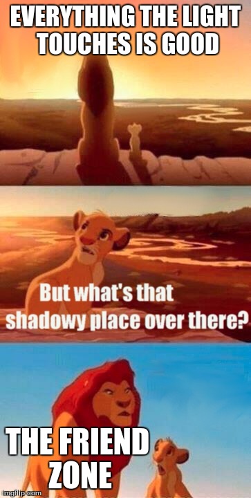 Simba Shadowy Place | EVERYTHING THE LIGHT TOUCHES IS GOOD THE FRIEND ZONE | image tagged in memes,simba shadowy place | made w/ Imgflip meme maker