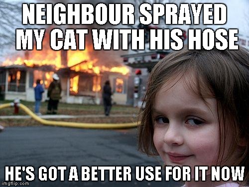 Disaster Girl Meme | NEIGHBOUR SPRAYED MY CAT WITH HIS HOSE HE'S GOT A BETTER USE FOR IT NOW | image tagged in memes,disaster girl | made w/ Imgflip meme maker