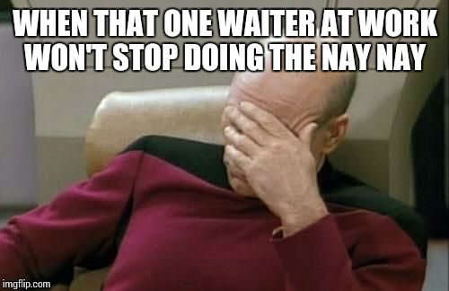 Captain Picard Facepalm | WHEN THAT ONE WAITER AT WORK WON'T STOP DOING THE NAY NAY | image tagged in memes,captain picard facepalm | made w/ Imgflip meme maker