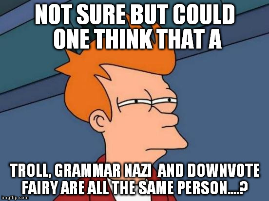 Futurama Fry 1+1+1=1 | NOT SURE BUT COULD ONE THINK THAT A TROLL, GRAMMAR NAZI  AND DOWNVOTE FAIRY ARE ALL THE SAME PERSON....? | image tagged in memes,futurama fry,downvote fairy,grammar nazi,trolls | made w/ Imgflip meme maker