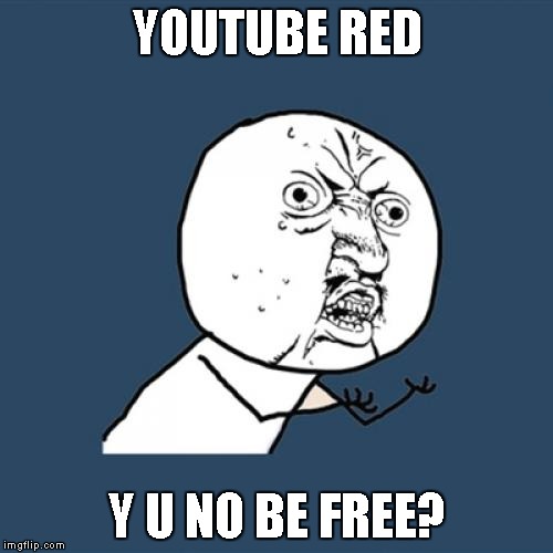 I mean, honestly. $9.99 a month? That's freaking ridiculous. | YOUTUBE RED Y U NO BE FREE? | image tagged in memes,y u no,youtube | made w/ Imgflip meme maker