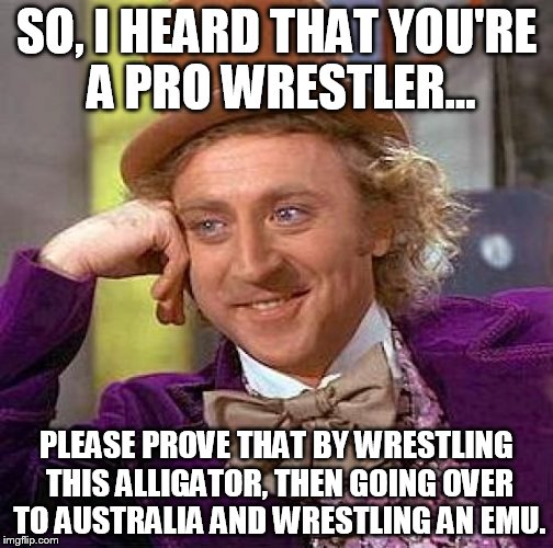 We need the proof | SO, I HEARD THAT YOU'RE A PRO WRESTLER... PLEASE PROVE THAT BY WRESTLING THIS ALLIGATOR, THEN GOING OVER TO AUSTRALIA AND WRESTLING AN EMU. | image tagged in memes,creepy condescending wonka | made w/ Imgflip meme maker