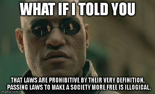 Matrix Morpheus | WHAT IF I TOLD YOU THAT LAWS ARE PROHIBITIVE BY THEIR VERY DEFINITION.  PASSING LAWS TO MAKE A SOCIETY MORE FREE IS ILLOGICAL. | image tagged in memes,matrix morpheus | made w/ Imgflip meme maker