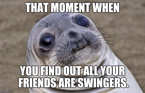 Awkward Moment Sealion Meme | THAT MOMENT WHEN YOU FIND OUT ALL YOUR FRIENDS ARE SWINGERS. | image tagged in memes,awkward moment sealion | made w/ Imgflip meme maker
