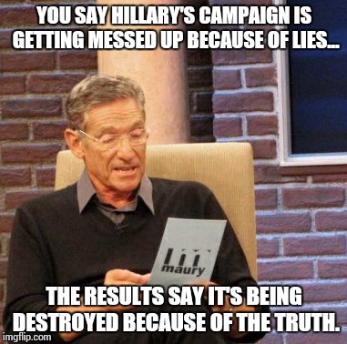 Maury Lie Detector Meme | YOU SAY HILLARY'S CAMPAIGN IS GETTING MESSED UP BECAUSE OF LIES... THE RESULTS SAY IT'S BEING DESTROYED BECAUSE OF THE TRUTH. | image tagged in memes,maury lie detector | made w/ Imgflip meme maker