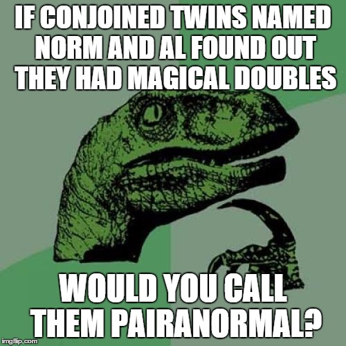 Philosoraptor Meme | IF CONJOINED TWINS NAMED NORM AND AL FOUND OUT THEY HAD MAGICAL DOUBLES WOULD YOU CALL THEM PAIRANORMAL? | image tagged in memes,philosoraptor | made w/ Imgflip meme maker