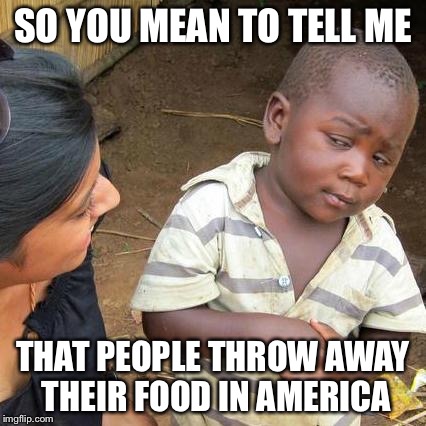 Third World Skeptical Kid Meme | SO YOU MEAN TO TELL ME THAT PEOPLE THROW AWAY THEIR FOOD IN AMERICA | image tagged in memes,third world skeptical kid | made w/ Imgflip meme maker