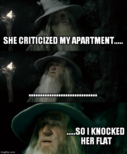 Confused Gandalf | SHE CRITICIZED MY APARTMENT..... .............................. .....SO I KNOCKED HER FLAT | image tagged in memes,confused gandalf | made w/ Imgflip meme maker