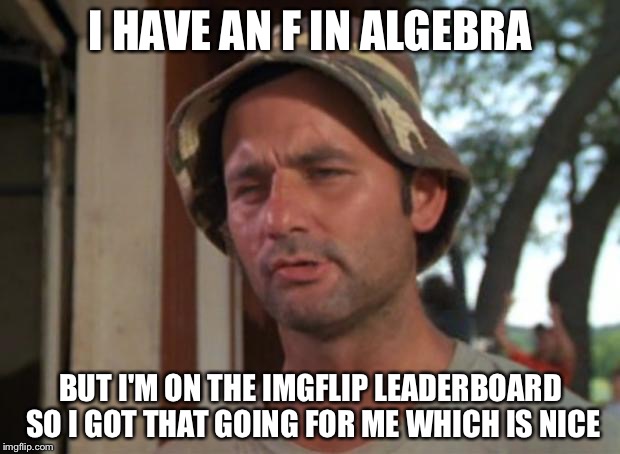 So I Got That Goin For Me Which Is Nice | I HAVE AN F IN ALGEBRA BUT I'M ON THE IMGFLIP LEADERBOARD SO I GOT THAT GOING FOR ME WHICH IS NICE | image tagged in memes,so i got that goin for me which is nice | made w/ Imgflip meme maker