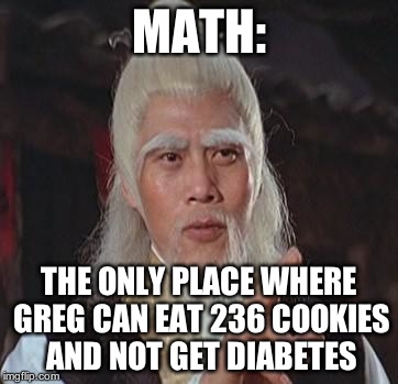 Wise Kung Fu Master | MATH: THE ONLY PLACE WHERE GREG CAN EAT 236 COOKIES AND NOT GET DIABETES | image tagged in wise kung fu master | made w/ Imgflip meme maker