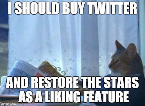 I Should Buy A Boat Cat Meme | I SHOULD BUY TWITTER AND RESTORE THE STARS AS A LIKING FEATURE | image tagged in memes,i should buy a boat cat | made w/ Imgflip meme maker