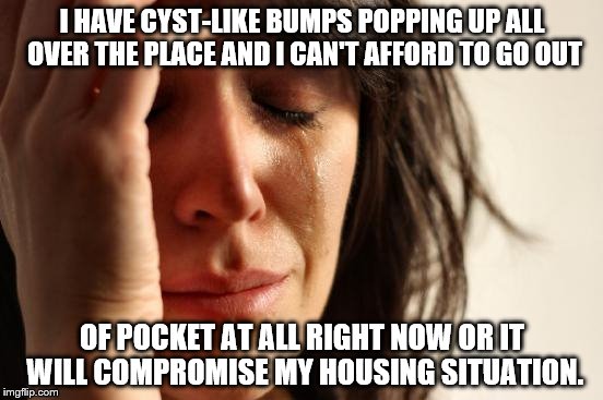 THIS_SUUUUUCKS!! I JUST WANT THIS CRAP OUT OF ME, IT'S MAKING ME PARANOID, I CAN'T FUNCTION LIKE THIS. | I HAVE CYST-LIKE BUMPS POPPING UP ALL OVER THE PLACE AND I CAN'T AFFORD TO GO OUT OF POCKET AT ALL RIGHT NOW OR IT WILL COMPROMISE MY HOUSIN | image tagged in memes,first world problems | made w/ Imgflip meme maker