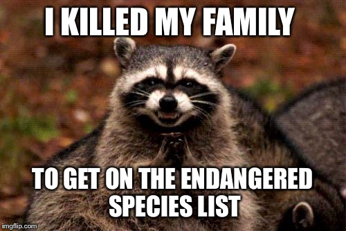 Clever dumb racoon | I KILLED MY FAMILY TO GET ON THE ENDANGERED SPECIES LIST | image tagged in memes,evil plotting raccoon | made w/ Imgflip meme maker
