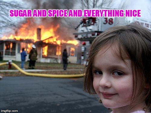 Daughters | SUGAR AND SPICE AND EVERYTHING NICE | image tagged in memes,disaster girl,mean girls,girls,child | made w/ Imgflip meme maker